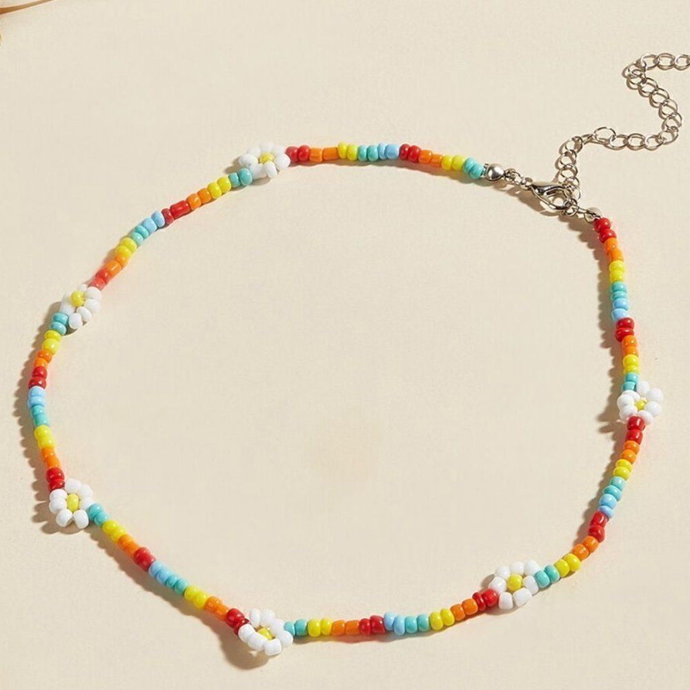 Rainbow Beaded White Daisy Choker Necklace